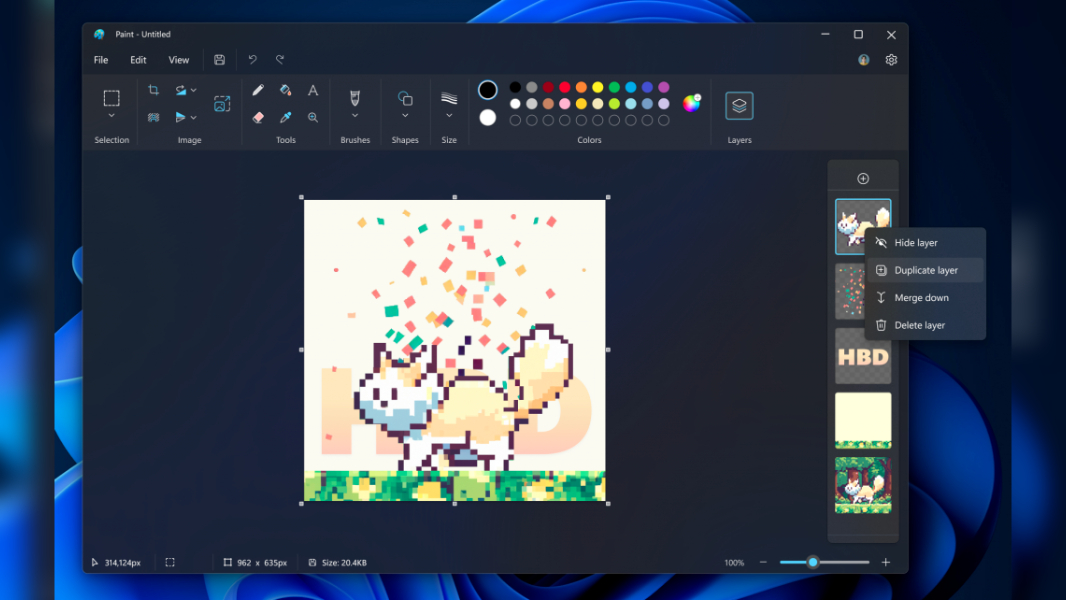 Paint now includes layering and transparency features