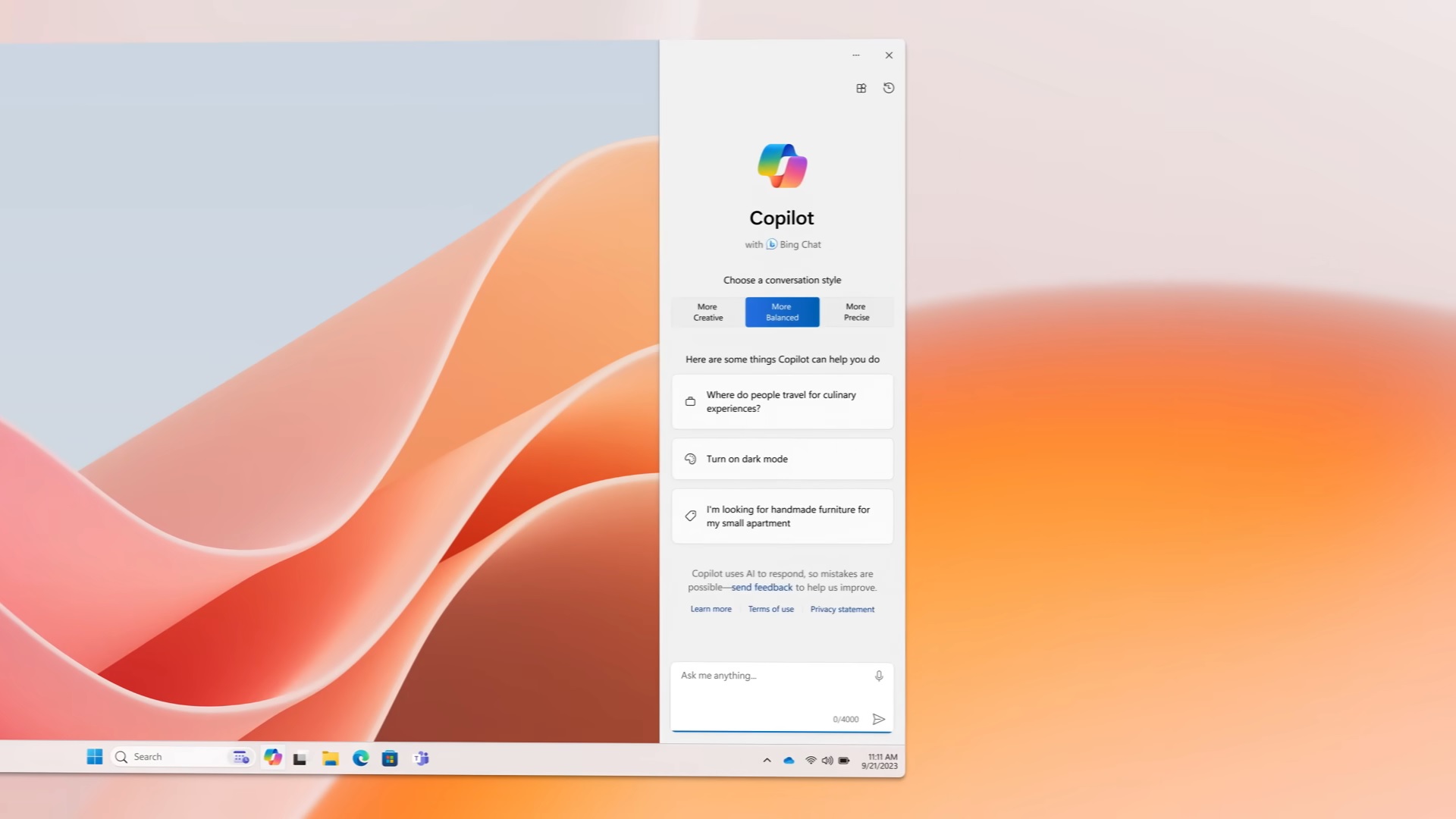 Testing auto start, control pinning, and adaptive interface on Windows 11 Copilot.